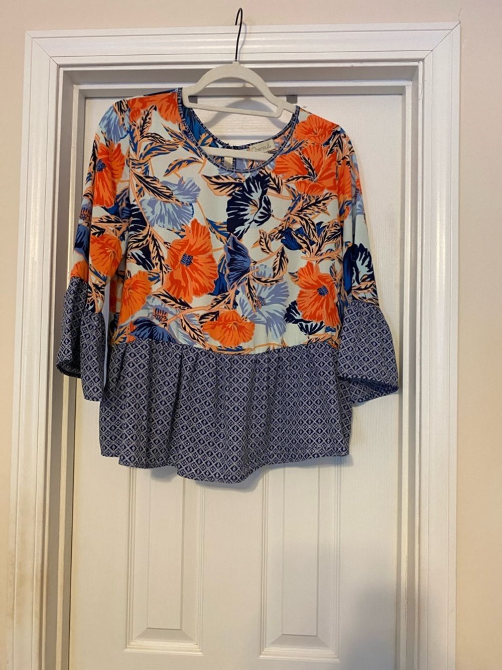 Women’s Chenault Orange & Blue Floral Mixed-Print Peplum Tunic size large petite